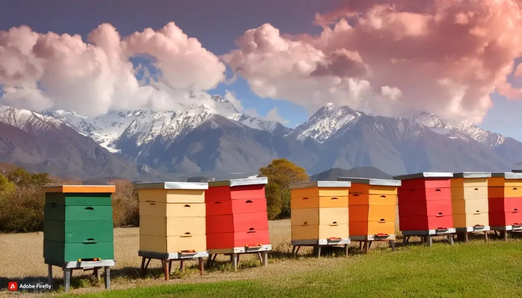 beehives with a mountain backdrop