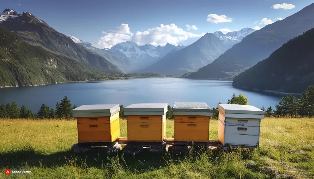 Langstroth beehives in a meadow